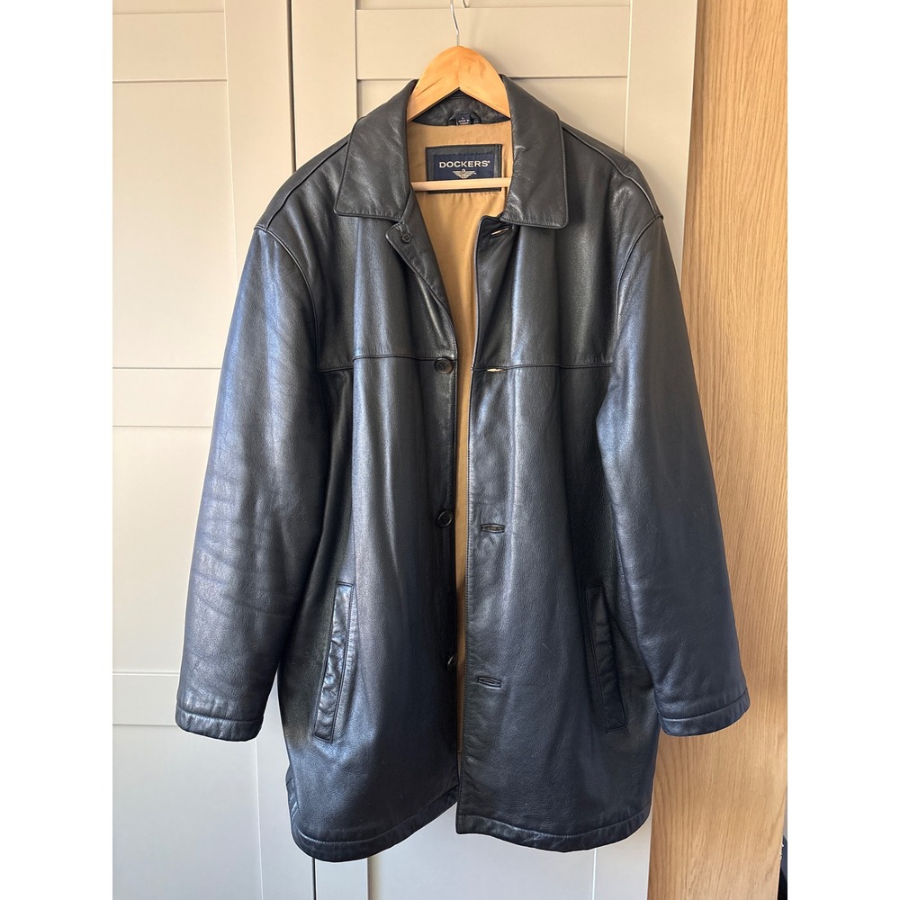 Dockers Mens Black Cow Leather Car Streetwear Coat Button Front Jacket L